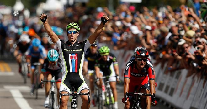 Peter Sagan celebrates his sprint success in Aspen