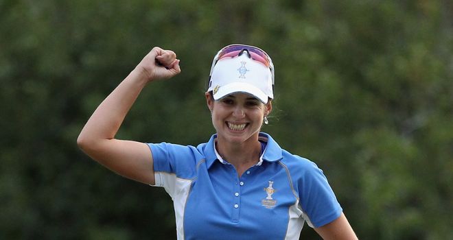 Beatriz Recari celebrates defeating Angela Stanford at the Solheim Cup.