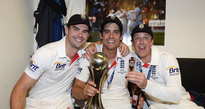 Graeme Swann celebrates last summer's Ashes win with Alastair Cook and James Anderson