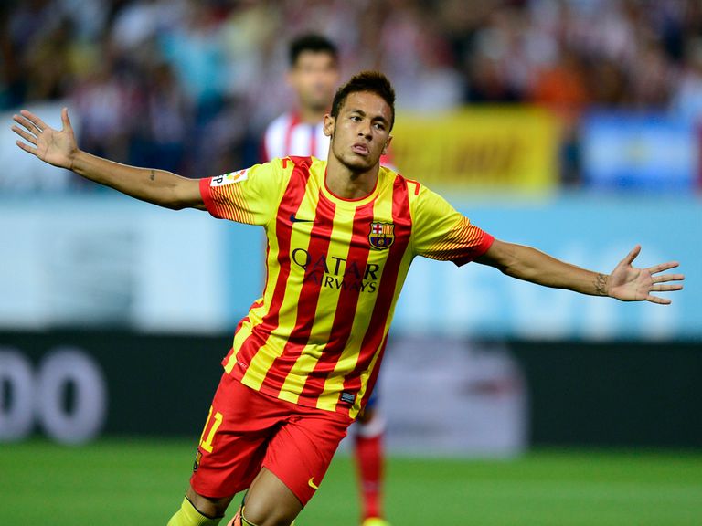 Neymar celebrates his first Barcelona goal