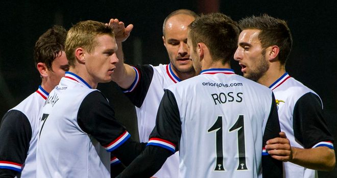 Billy McKay (left): Celebrates netting the only goal at Dens Park