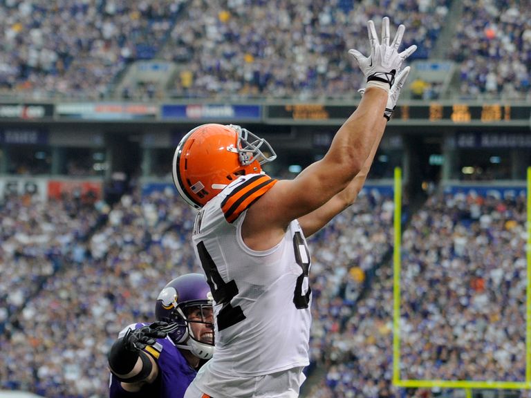 Jordan Cameron waits for one of his TD catches in the end zone