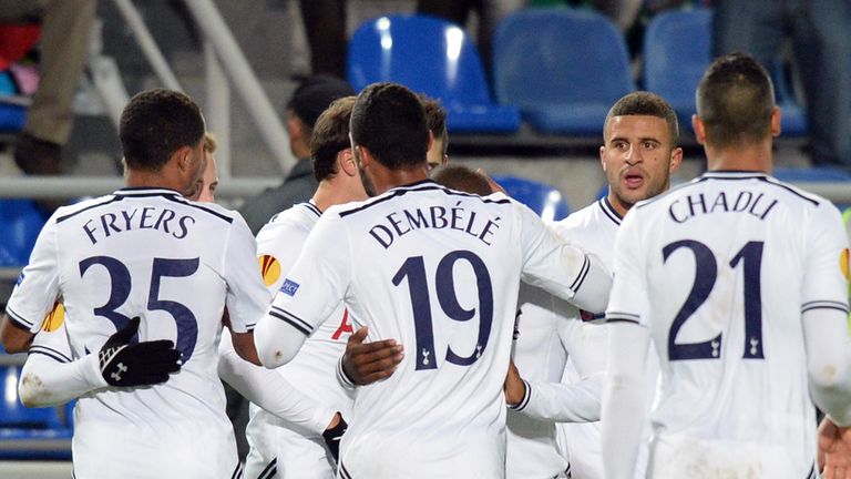 Tottenham celebrate their opening goal on the way to a 2-0 win over Anzhi Makhachkala