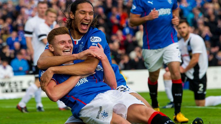 Bilel Mohsni and Lewis MacLeod: Celebrating the second goal at Somerset Park