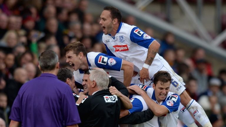 Ryan Lowe: Celebrates his goal for Tranmere
