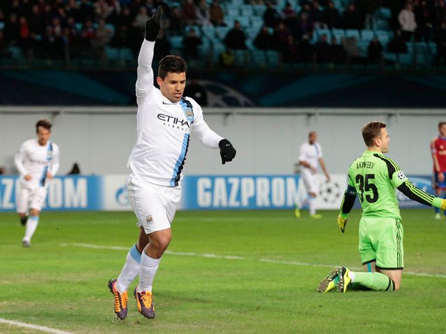 Sergio Aguero celebrates scoring his second goal