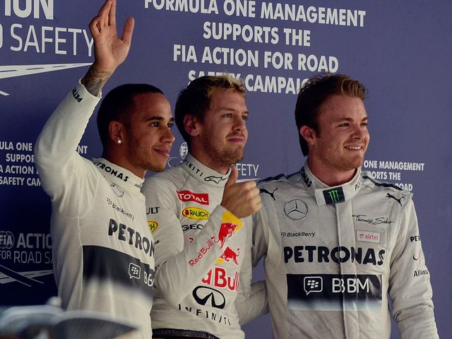 Vettel took pole ahead of Mercedes pair Hamilton and Rosberg