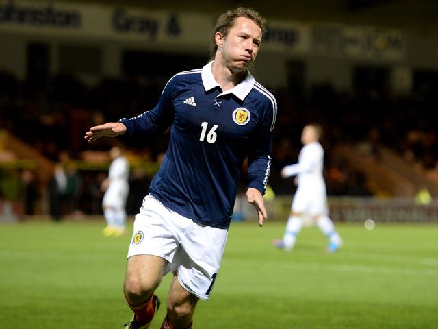 Stevie May celebrates his second goal.