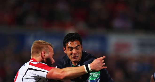 Leicester's Dan Bowden is tackled by Luke Marshall