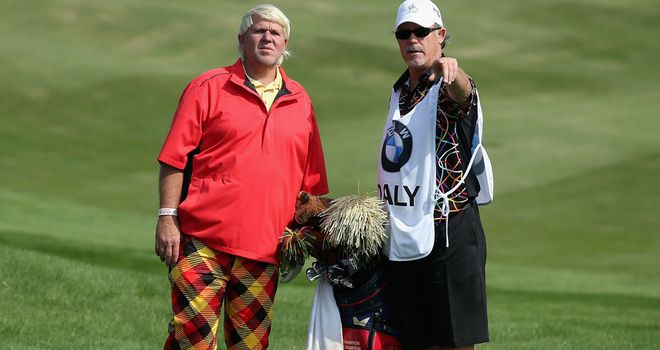Colourful John Daly speaks to his caddie during Thursday's opening round in Shanghai