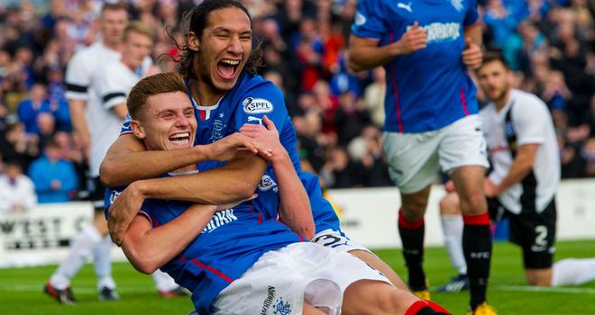 Bilel Mohsni and Lewis MacLeod: Celebrating the second goal at Somerset Park