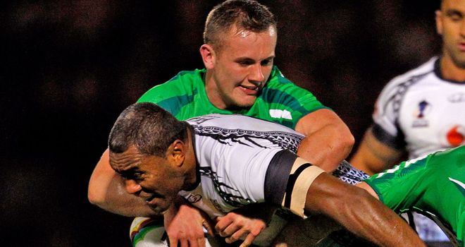 Mendeika in action in the defeat to Fiji in Rochdale