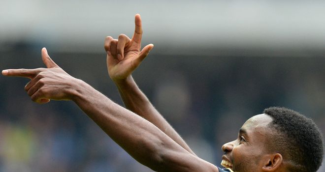 Cedric Bakambu celebrates his goal for Sochaux