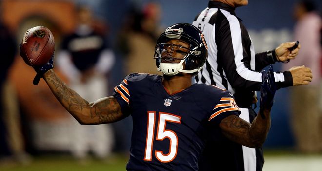 Wide receiver Brandon Marshall celebrates a touchdown against the New York Giants