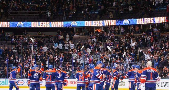 The Edmonton Oilers celebrate their shootout victory over the New Jersey Devils
