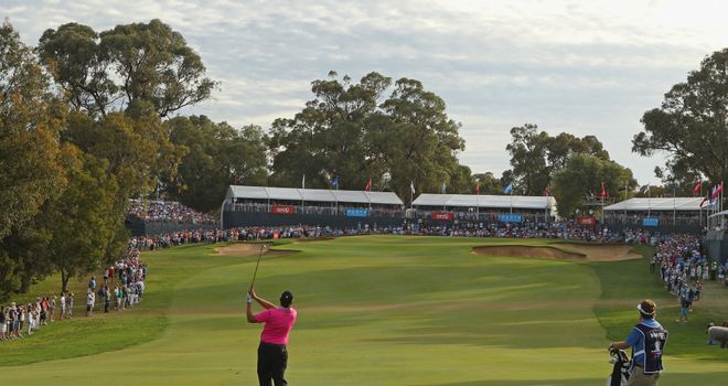 Last year's winner Bo Van Pelt hits an approach shot on the 18th hole at Lake Karrinyup