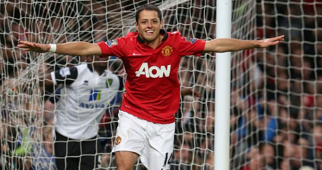 Javier Hernandez celebrates his second goal of the night against Norwich