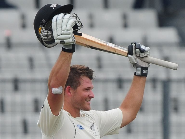 Corey Anderson celebrates his maiden Test century