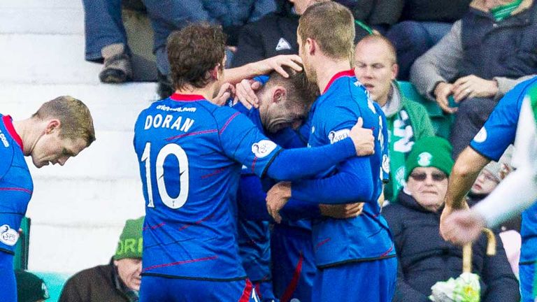 Inverness Caley players celebrate their second goal against Hibernian