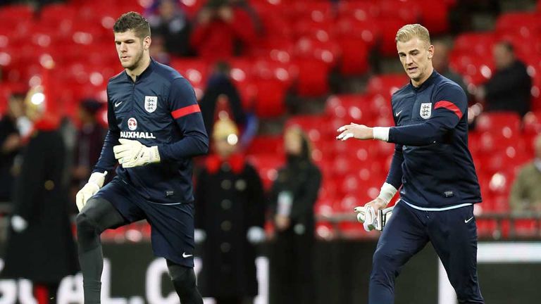 Fraser Forster and Joe Hart warm-up at Wembley