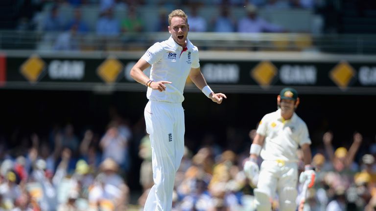 Stuart Broad celebrates dismissing Chris Rogers