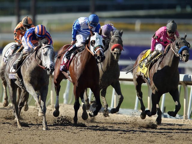 New Year's Day (right) comes home on the rail to win the Juvenile