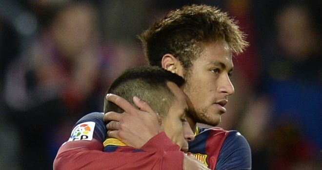 Barcelona's Alexis Sanchez celebrates with Neymar