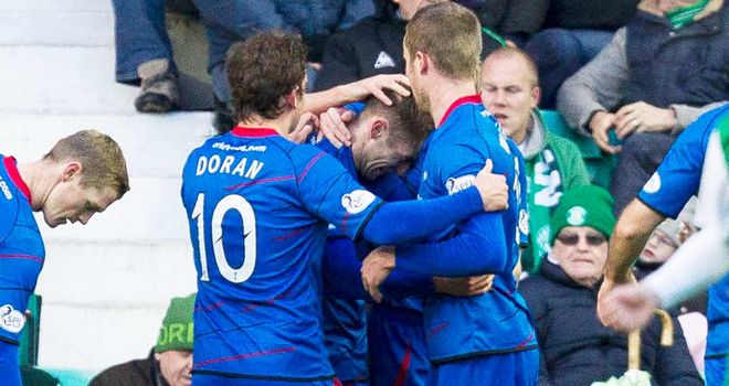Inverness Caley players celebrate their second goal against Hibernian