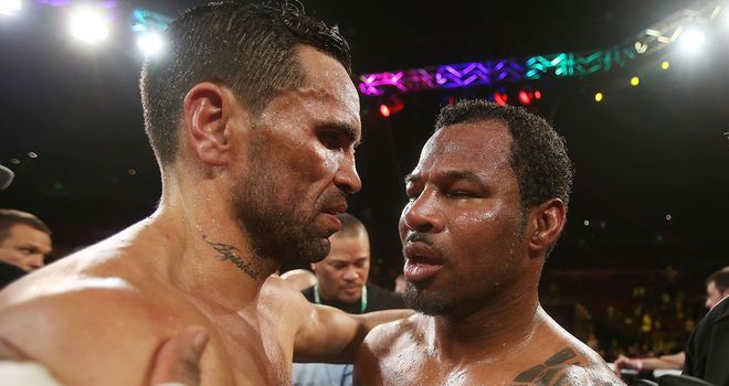 Anthony Mundine and Shane Mosley (r) embrace after the fight