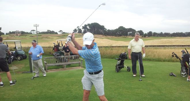 Lovely cover drive: Nasser Hussain limbers up at Royal Adelaide Golf Club