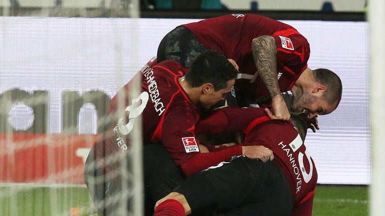Hannover celebrate Szabolcs Huszti's goal