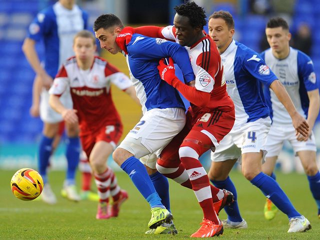 Lee Novak of Birmingham and Kei Kamara of Middlesbrough in action