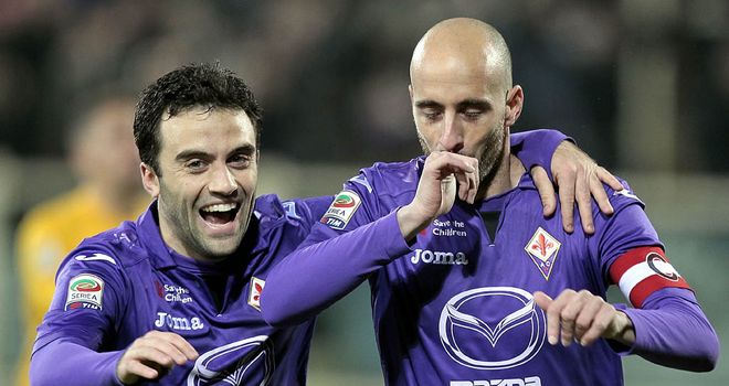 Fiorentina scorers Giuseppe Rossi and Borja Valero celebrate