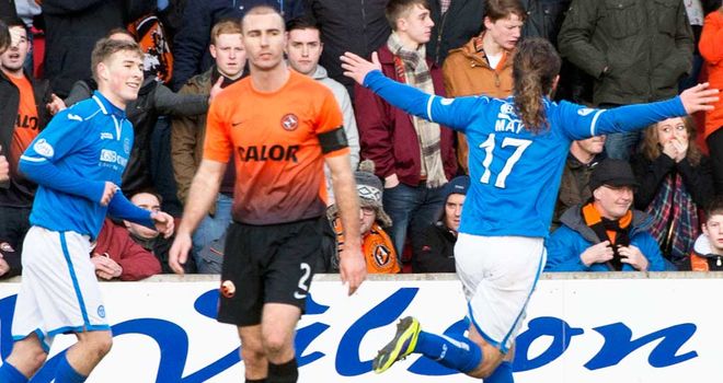 Stevie May: Celebrates his opening goal in St Johnstone's win
