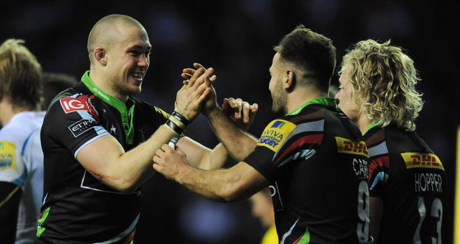 Mike Brown celebrates his try with Harlequins team-mates