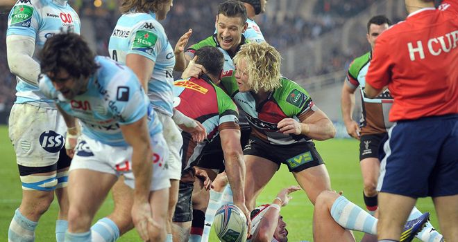 Harlequins' Nick Easter celebrates a try in the mauling of Racing Metro