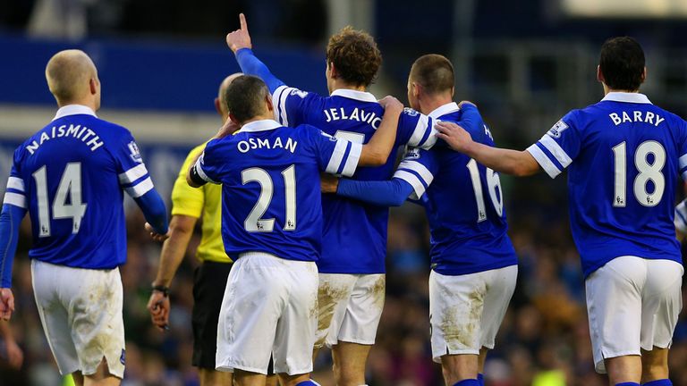 Nikica Jelavic: The striker celebrates after scoring in the win over QPR