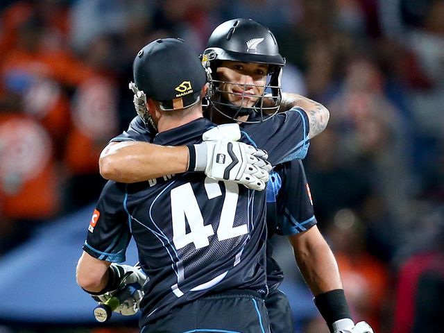 Ross Taylor celebrates with skipper Brendon McCullum