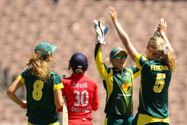 Australia celebrate the wicket of Sarah Taylor