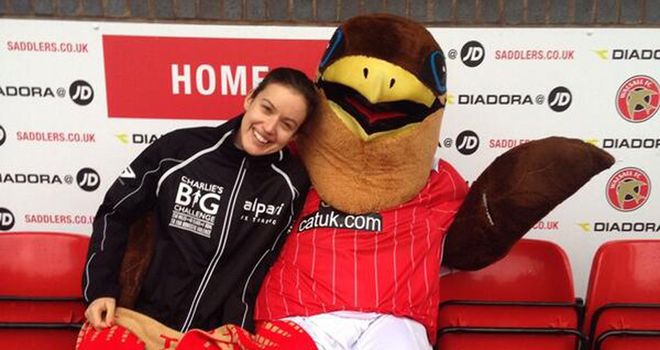 Walsall mascot Swifty helps to keep Charlie's spirits up!