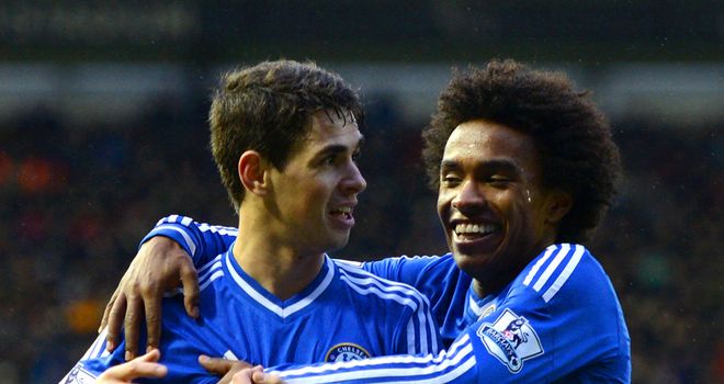 Oscar: The Brazilian celebrates with Willian after netting Chelsea's second