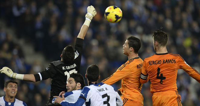 Cristiano Ronaldo vies with Espanyol's goalkeeper
