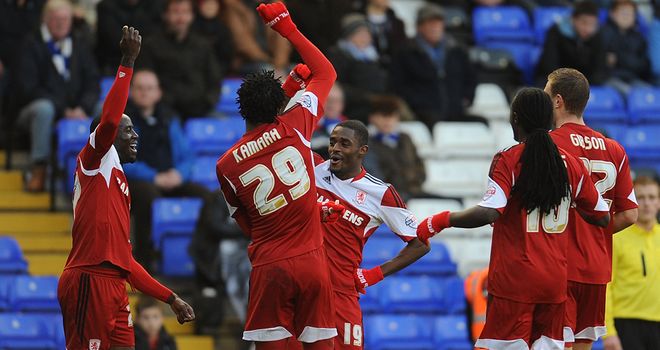 Mustapha Carayol (centre): Scored twice for Middlesbrough at Blackpool