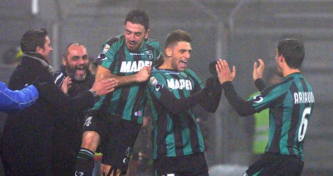 Domenico Berardi of Sassuolo celebrates one of his goals