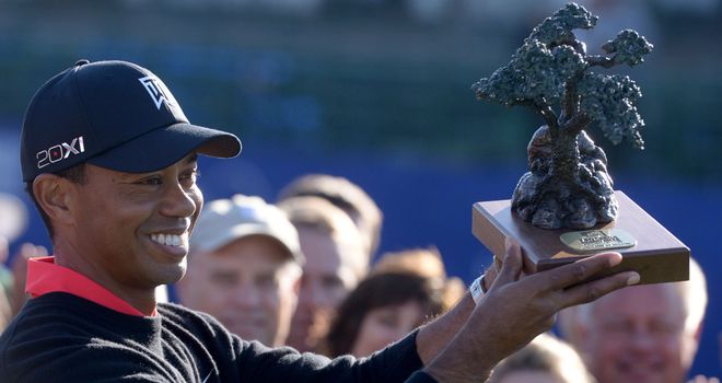 Tiger Woods with the Torrey Pines trophy
