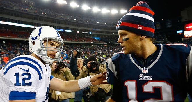 Andrew Luck and Tom Brady shake hands after meeting for the first time 14 months ago
