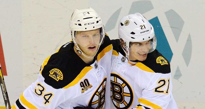 Carl Soderberg: Boston Bruins star celebrates his goal with Loui Eriksson