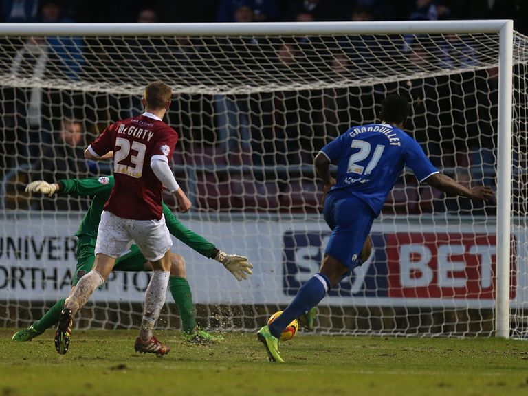 Armand Gnanduillet scores for Chesterfield at Northampton.
