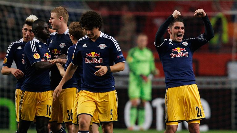 Jonathan Soriano (right): Celebrates his superb goal for Salzburg at Ajax