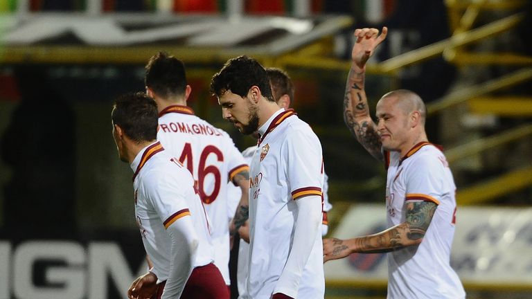 Radja Nainggolan celebrates his first goal in a Roma shirt